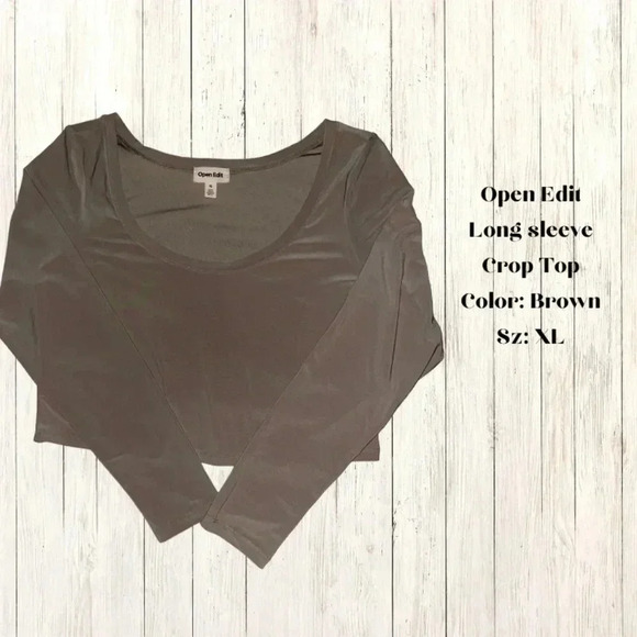 Open Edit Tops - Open Edit Long Sleeve Crop Top Color: Brown Sz: XL